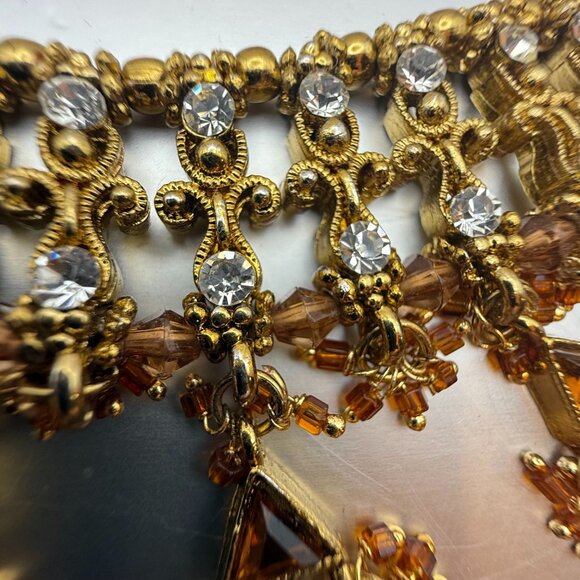 Vintage Indian Bollywood Style Gold Tone Crystal Bib Necklace With Amber Beads – - Picture 10 of 12